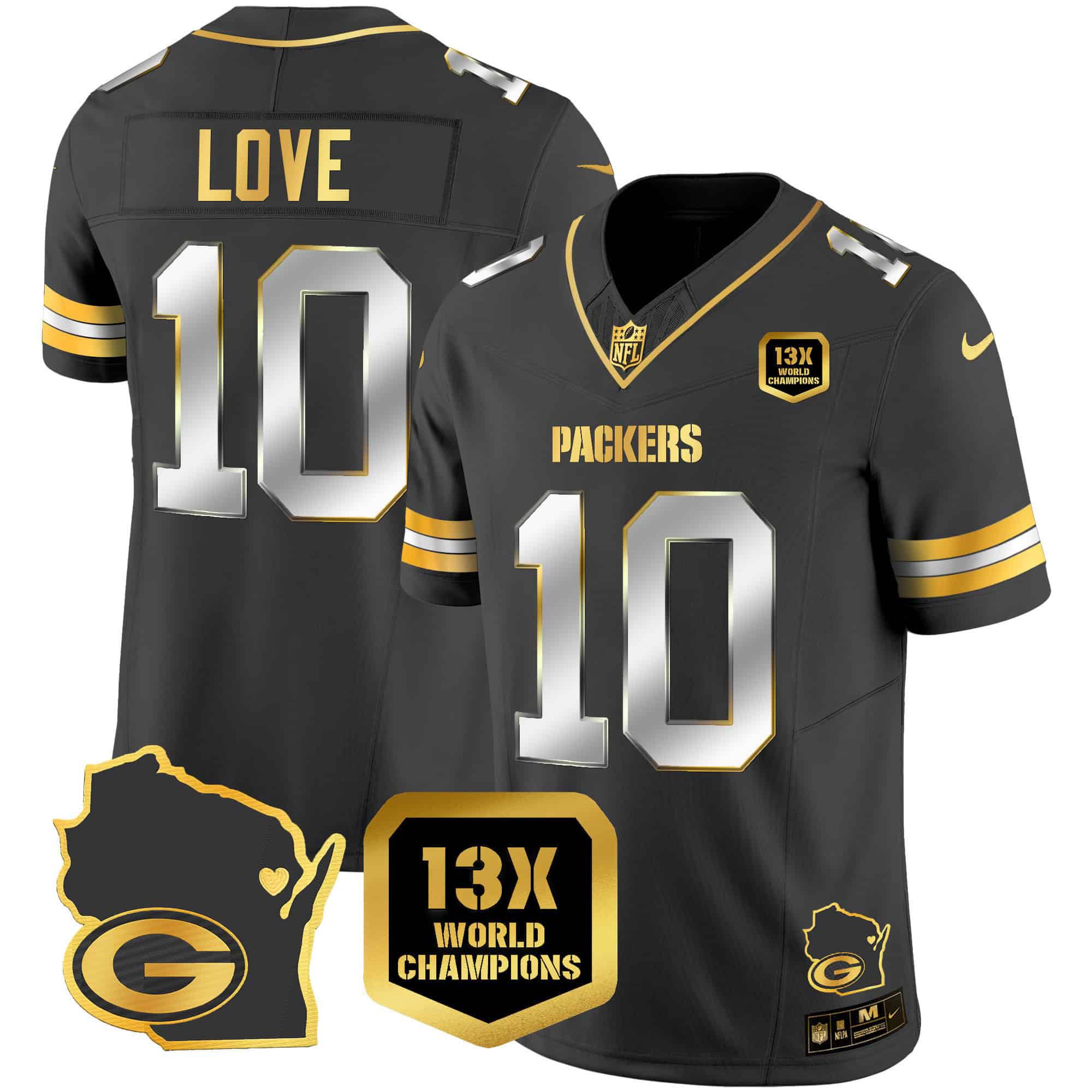 Men Green Bay Packers #10 Love Black Gold 2024 Nike World Champions Home Patch Vapor NFL Jersey style 1